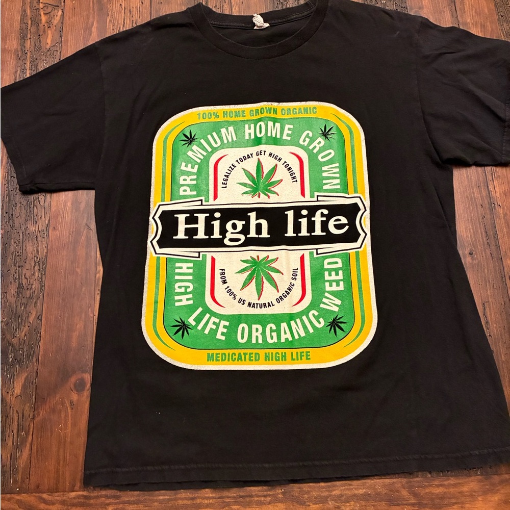 High Life Men's Black Green Graphic T-Shirt Size L Short Sleeve 420